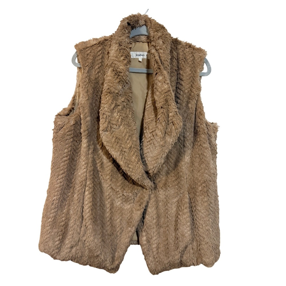 Wildflower Faux Fur Vest Women Large Brown Textured Open Front Shawl Collar FA15